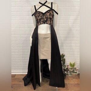 Ellie Wilde Mon Cheri Black and Gold Lace Open Front Skirted Top with Train